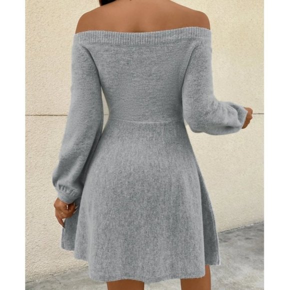 Minimalist Off Shoulder Lantern Long Sleeve Sweater Mini Dress Gray - Picture 5 of 6